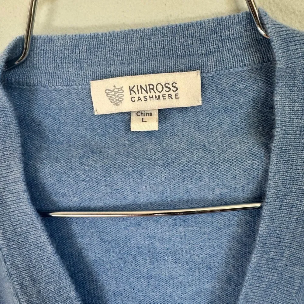 Kinross Cashmere Sky Blue V-Neck 100% Cashmere Sweater Mens Large